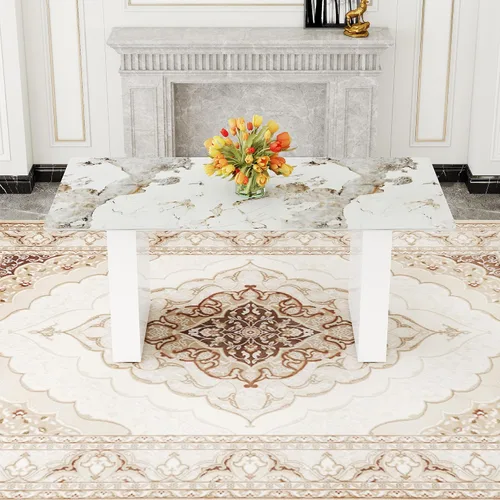 Miniatura 4 de Mesa rectangular grande y moderna con mesa de vidrio estampado de 0.39 pulgadas y patas de mesa grandes, adecuada para cocina, comedor y sala