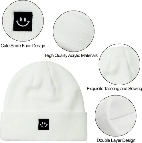 Miniatura 3 de MaxNova Gorro para mujer y hombre, diseño de cara sonriente, gorro de invierno, 2 paquetes