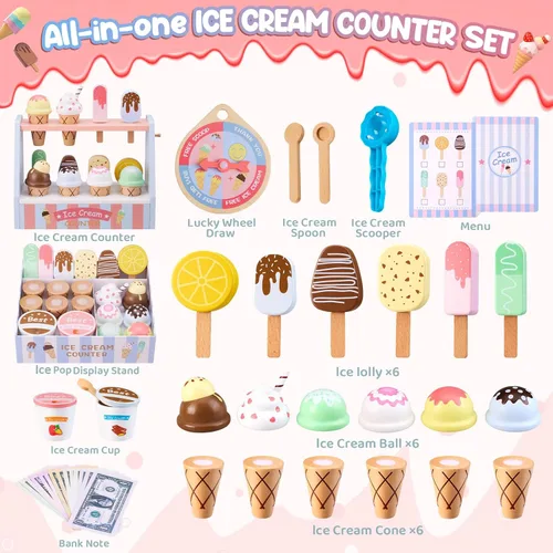 Miniatura 3 de Ehome Juego de juguetes de helado de madera, tienda de alimentos para niños, para servir helados, mostrador, tienda, juego de cocina con rueda