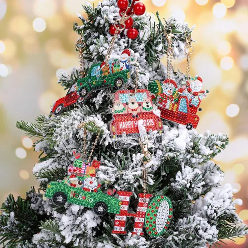 Miniatura 7 de AnyDesign 12 piezas de llavero de arte de diamantes de Navidad, hecho a mano, camión, Papá Noel, muñeco de nieve, pintura de gemas, colgante