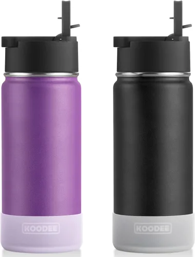 koodee Botella de agua de acero inoxidable de 16 onzas con aislamiento al vacío de doble pared con pajilla, paquete de 2 botellas de agua deportivas