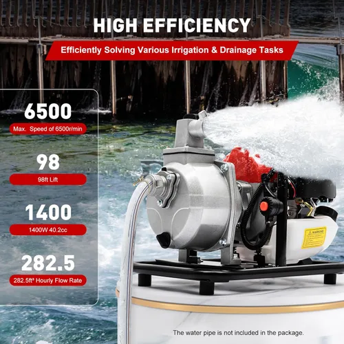 Miniatura 6 de Bomba de transferencia de agua a gas de 2 tiempos, 1.7 HP, motor de gasolina de 40.2 cc, bomba de agua portátil de 1 pulgada, bombas de agua