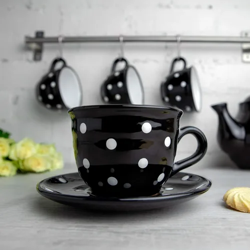Miniatura 2 de City to Cottage Taza y platillo de café capuchino de cerámica grande de lunares blancos y negros hechos a mano de 12 oz/11.8 fl oz, cerámica