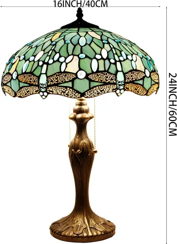 Miniatura 4 de WERFACTORY Tiffany Lámpara de mesa de noche de cristal azul mar, lámpara de mesa estilo libélula luz de lectura de escritorio, base de metal, 16 x