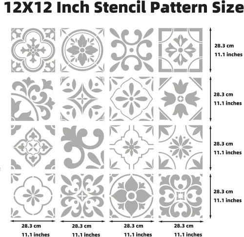 Miniatura 4 de Juego de 16 plantillas de azulejos españoles (12 x 12 pulgadas) patrones auténticos para suelo y pared, plantillas de azulejos reutilizables