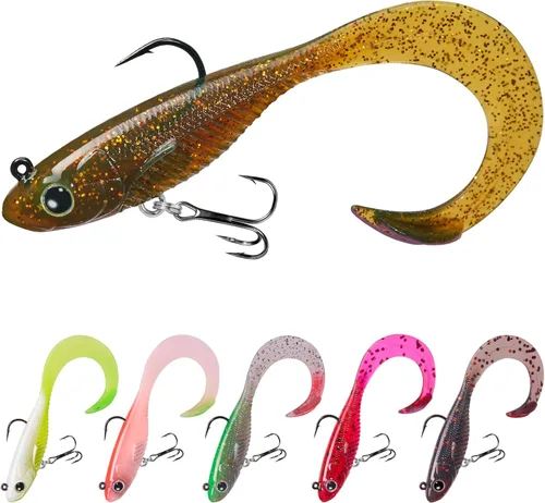 TRUSCEND Duramax Pre-Rigged Fishing Lures with BKK Jig Hooks, 10X Tear-Resistant TPE Soft Swimbaits for Bass Striper Trout Crappie Walleye Grouper,