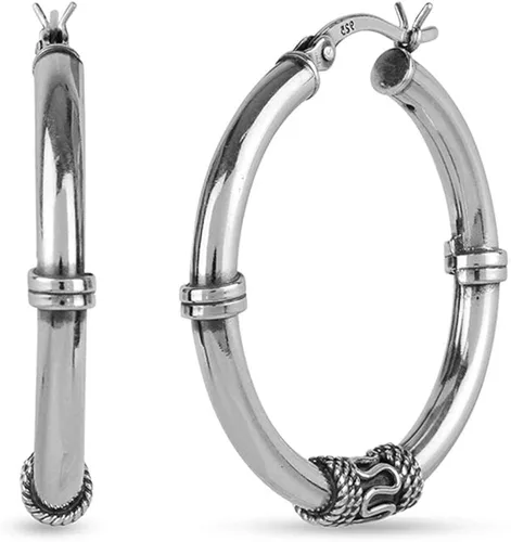 Miniatura 3 de LeCalla Pendientes de aro de plata de ley oxidados de dos tonos ligeros de peso bali para mujer, Plata de ley