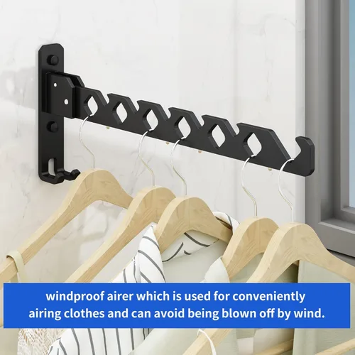 Miniatura 2 de Tendedero de Pared para Secar Ropa, Colgador de Ropa de Pared Plegable, Gancho Colgador de Lavandería para Baño, Perchero de Pared Interior, Negro