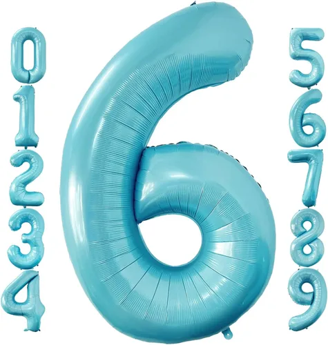 Globos de 40 pulgadas color azul bebé número 6 de gran tamaño Jumbo dígitos de aluminio Mylar helio azul claro globos para niños 6º tema azul