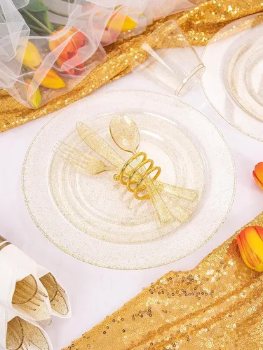 Miniatura 4 de DaYammi 112 platos de plástico con purpurina dorada, vajilla desechable dorada, platos de plástico dorados que incluyen 16 platos de postre, 16