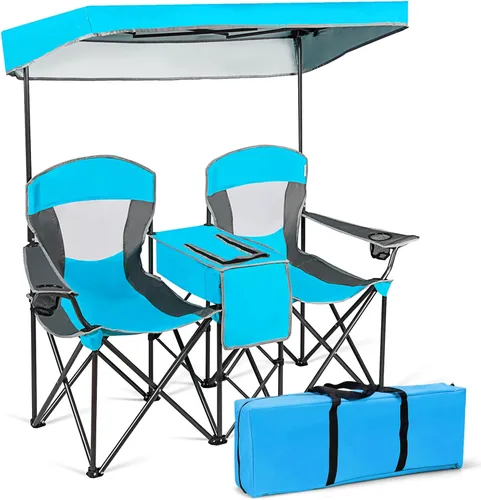 KOTEK Silla de campamento doble con toldo, silla con toldo para 2 personas con mini soporte para vasos, bolsa enfriadora y bolsa de transporte,
