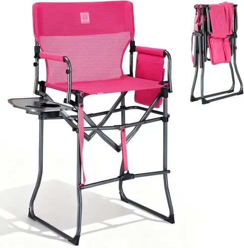Miniatura 10 de EVER ADVANCED Silla alta de textileno para campamento, silla de directores de malla, taburete de bar plegable alto con mesa auxiliar para Malla Negra