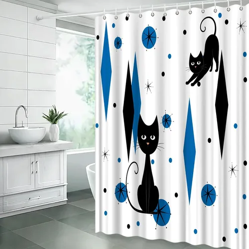 Miniatura 4 de GCTNBJL Mid Century Shower Curtain Black Cat Atomic Stars Modern Abstract Blue Black Geometric Iconic Retro 1950s 1960s Vintage 36x70(WxH) Inches