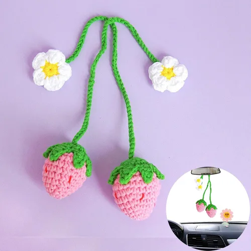 Miniatura 5 de Accesorios colgantes para espejo de automóvil, 2 piezas de ganchillo de fresa, accesorios de automóvil, lindos accesorios para espejo retrovisor