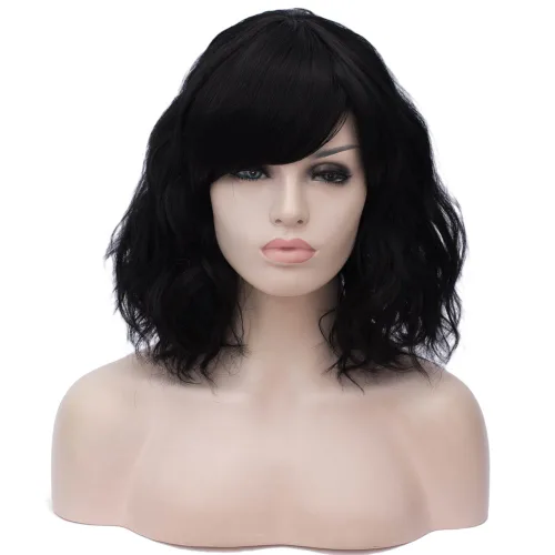 BUFASHION Peluca rizada corta ondulada de 14 pulgadas para mujer, peluca sintética para cosplay, Halloween, peluca con flequillo lateral (negro)