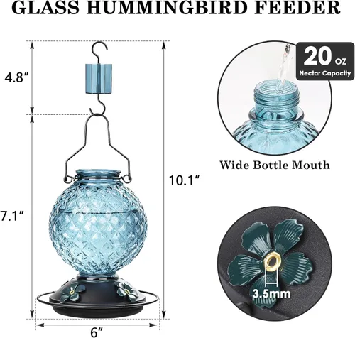 Miniatura 3 de 25 OZ Glass Hummingbird Feeder for Outdoors, Leak Proof Hummingbird Feeder with Ant Moat, 4 Bee Resistant Feeding Ports, Easy Clean Wide Mouth