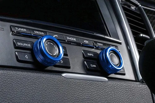 Miniatura 3 de iJDMTOY 2 cubiertas de anillo de aluminio deportivo azul con control de clima y radio para girador de volumen de radio compatibles con Porsche 2014