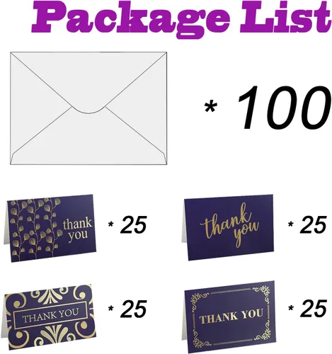 Miniatura 2 de Bonfasvo Paquete de 100 tarjetas de agradecimiento azules y 100 sobres blancos de 4.25 x 6.25 pulgadas, elegantes saludos plegables