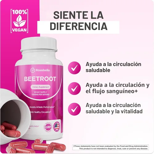 Miniatura 5 de Rosabella Cápsulas orgánicas de raíz de remolacha – 1300 mg de polvo de raíz de remolacha ayuda a la circulación y vitalidad saludables, sin OMG