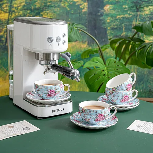 Miniatura 4 de Agyiuns Taza de té y platillos, tazas de té floral de 6.4 onzas con borde dorado, taza de té de porcelana, tazas de café capuchino espresso con Azul
