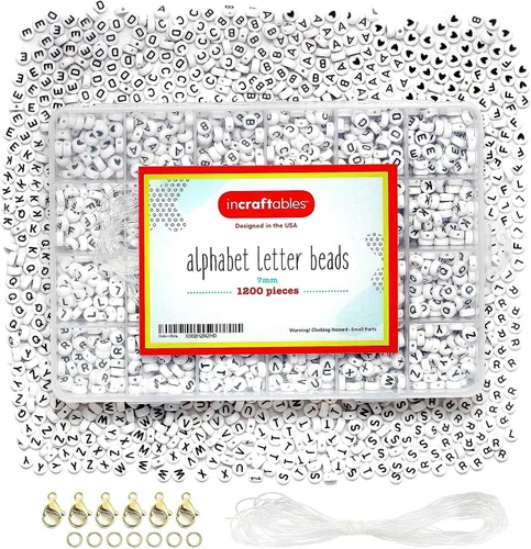 Incraftables 1200 cuentas redondas de letras para la fabricación de joyas (0.27 pulgadas), letras de la A a la Z, alfabeto negro para pulseras de