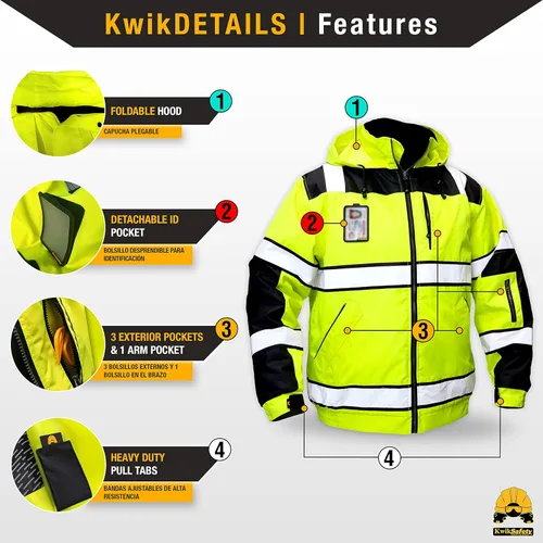 Miniatura 4 de KwikSafety Chaquetas reflectantes Bombarderos de trabajo de alta visibilidad aislados para hombre Amarillo, Naranja, Multicolor