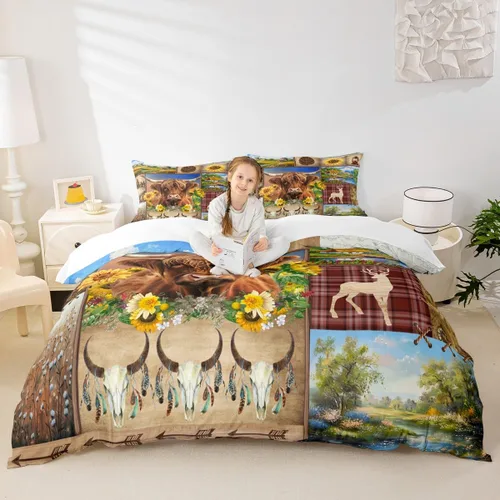Miniatura 28 de Juego de funda de edredón para niños de ciervo, oso, lobo, tamaño individual, juego de ropa de cama de cabaña de aventura para niños, niñas