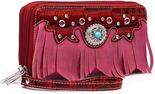 Miniatura 2 de Estilo occidental Fringe Classic Concho Studded Mujer Cartera Cartera de embrague, Borgoña