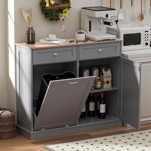 Miniatura 8 de Spurgehom Gabinete de basura inclinable de 13 galones, cubos de basura de cocina, armario de basura moderno con estante ajustable y cajones ocultos