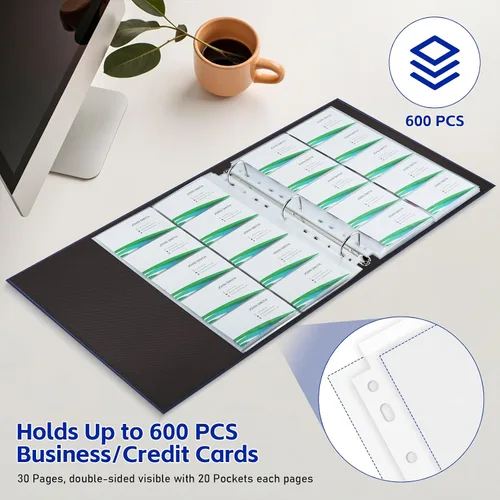 Miniatura 7 de BYSTER Paquete de 30 hojas de fundas para tarjetas de presentación con 600 bolsillos, páginas ultra transparentes para carpeta de 2/3/4 anillos