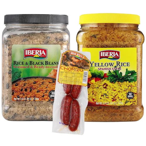 Iberia Chorizo Spanish Style Salchicha, 5 onzas + arroz amarillo estilo español Iberia 54 onzas + arroz Iberia y frijoles negros, 3.4 libras
