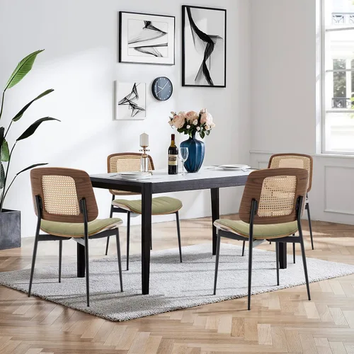 Miniatura 18 de LUNLING Sillas de comedor modernas de mediados de siglo, silla retro beige de piel sintética con asiento tapizado de madera curvada de nogal, patas