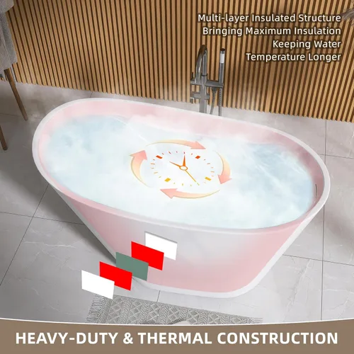 Miniatura 7 de GETPRO Bañera independiente de 51 pulgadas de profundidad, bañera independiente de acrílico de forma ovalada con desbordamiento ranurado integrado