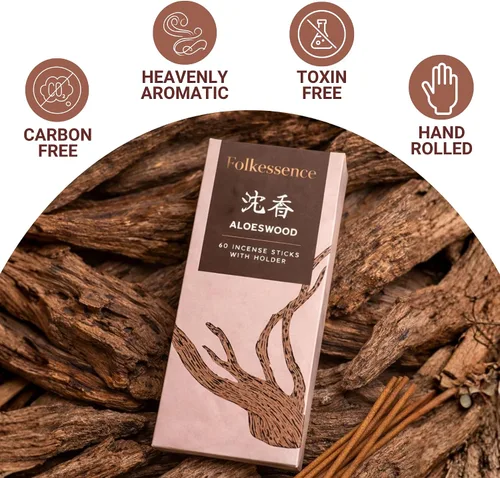 Miniatura 5 de Folkulture Varillas de incienso japoneses Paquete de 60 inciensos de madera de aloe premium Sin carbón, sin humo negro Aroma amaderado