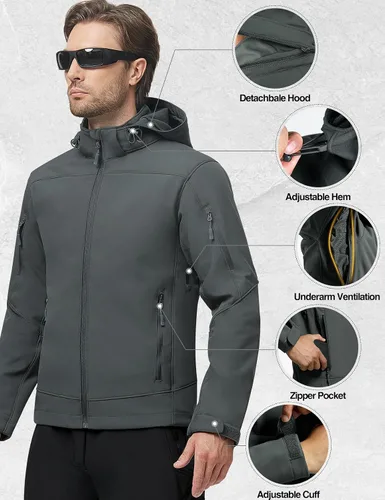 Miniatura 3 de FREE SOLDIER Chaqueta de senderismo Softshell para hombre, impermeable, con capucha, táctica, cazadora