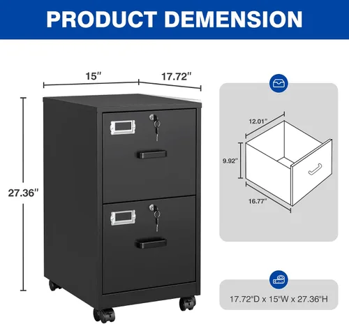 Miniatura 3 de BYNSOE - Archivador de 2 cajones con cerradura, archivador vertical de metal con ruedas, archivador móvil para oficina, hogar
