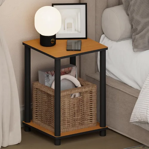Miniatura 30 de Furinno Mesa de Noche Simplista, Mesita de Noche Pequeña de 2 Niveles con Estante Abierto, Mesa de Cabecera de Montaje sin Herramientas, Mesa