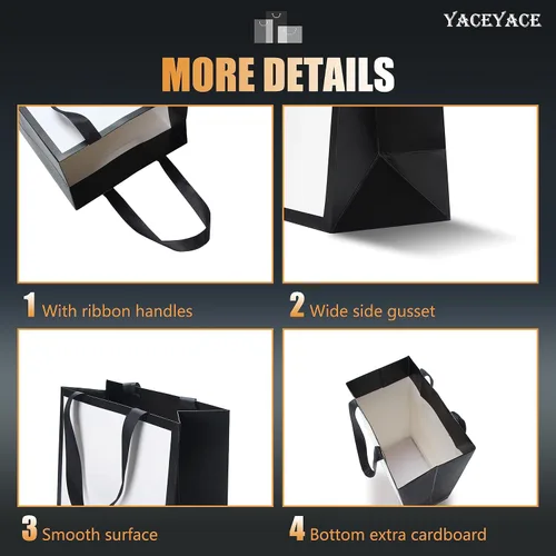 Miniatura 4 de Bolsas de regalo blancas y negras de tamaño mediano, 10 unidades de 8 x 4.25 x 10.5 pulgadas, papel kraft biodegradable, asas de cinta, perfectas