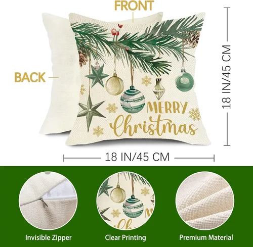 Miniatura 3 de Juego de 4 fundas de almohada decorativas de árbol de pino de Navidad de 18 x 18 pulgadas, bolas de alegría de Navidad, copos de nieve dorados