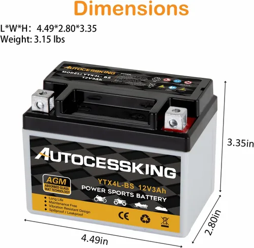 Miniatura 2 de Autocessking YTX4L-BS - Batería de motocicleta de 12V 3Ah recargable, libre de mantenimiento, sellada AGM, batería de reemplazo para Powersport, ATV