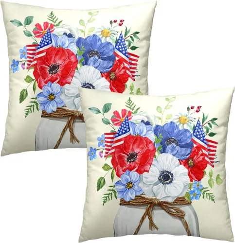 Miniatura 2 de Juego de 2 fundas de cojín decorativas con bandera americana y flores de amapola roja y azul, 16 x 16 pulgadas, fundas cuadradas para sofá, sillón