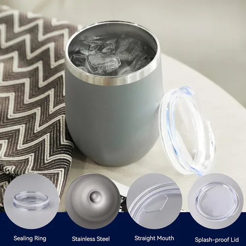 Miniatura 3 de DOMICARE - Vaso de vino de 12 onzas con tapa, hecho de acero inoxidable con aislamiento al vacío de doble pared, paquete de 1 unidad, color gris