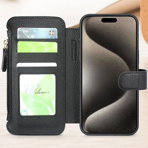 Miniatura 3 de Harryshell Funda compatible con iPhone 15 Pro con carga inalámbrica MagSafe con 3 ranuras para tarjetas, bolsillo con cremallera, bolsillo
