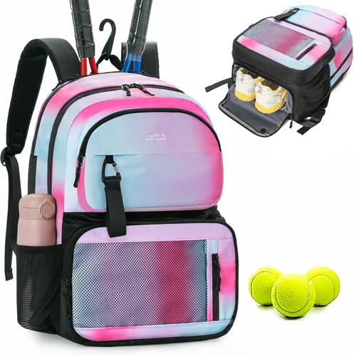 Miniatura 8 de ANILD Bolsa de tenis multideportiva para 2 raquetas con compartimento ventilado para zapatos para hombres y mujeres, Beige, Grande, Bolsa de tenis