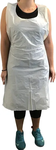 KingSeal Disposable Poly Aprons, 28"x46", 0.8 mils thick, Individually Packed, White, Bib Style