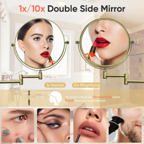 Miniatura 3 de GURUN Espejos de maquillaje de doble cara de 8 pulgadas con aumento de 10x espejo de baño para hotel, acabado de latón satinado antiguo M1406K