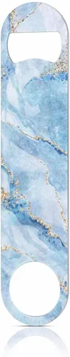 Abrebotellas de acero inoxidable de mármol abstracto, mármol blanco y azul con venas doradas con purpurina dorada, textura de piedra falsa,