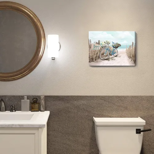Miniatura 6 de Lienzo de playa para baño, imágenes del océano, impresión de lienzo de bicicleta junto al mar, pintura enmarcada de paisaje marino, verde azulado