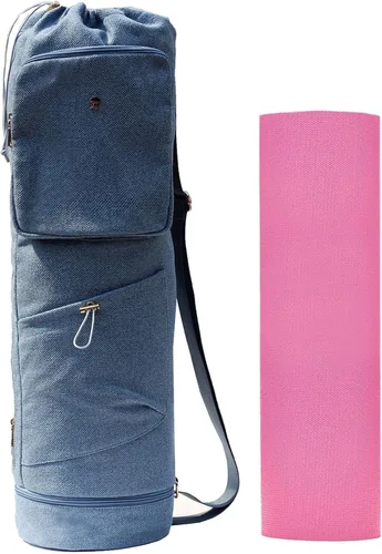 Miniatura 8 de ESVAN Bolsa para esterilla de yoga con múltiples bolsillos. Bolsa de transporte con cordón para esterilla de yoga, Pilates, ejercicio. Bolsa de Lino