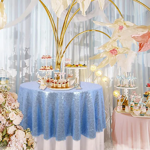 Miniatura 3 de DUOBAO Mantel redondo de lentejuelas de 50 pulgadas, color azul bebé, mantel brillante para bodas, cumpleaños, eventos y vacaciones, mantel